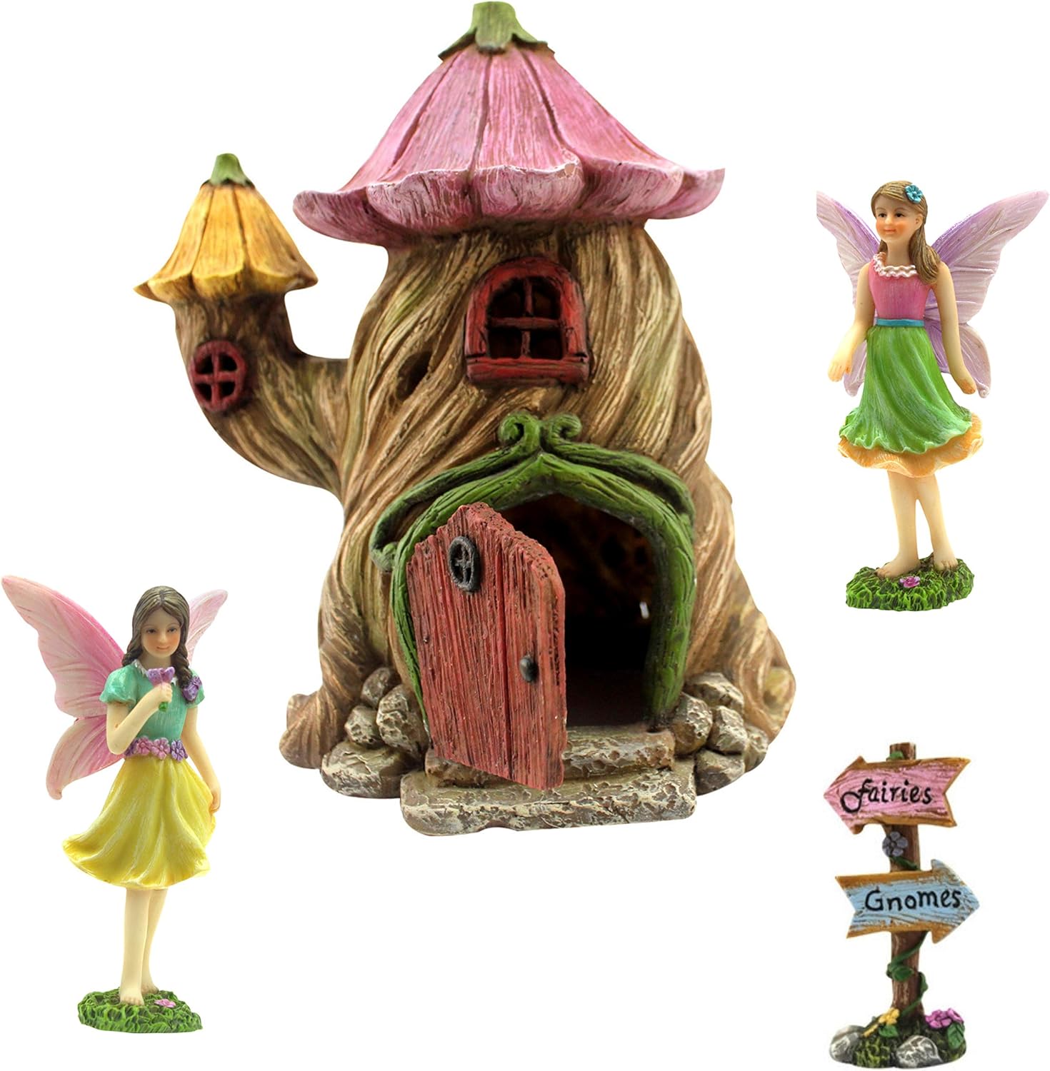 Fairy House Kit for Outdoor Miniature Village Decor - 4 Piece Set