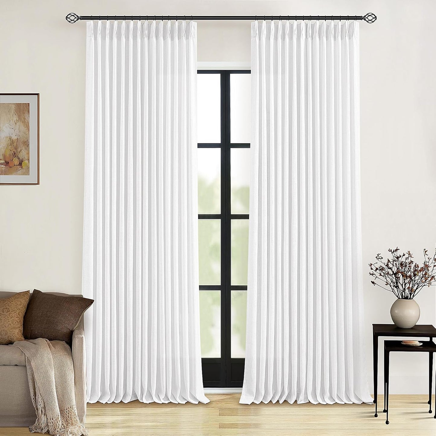 100 Inch Linen Pleated Curtains Set for Living Room Bedroom
