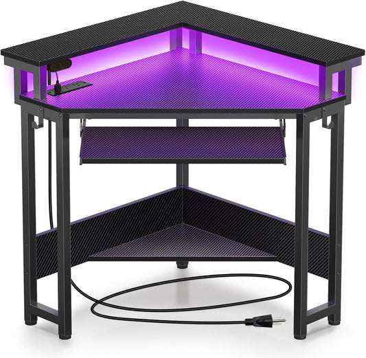 Rolanstar Corner Desk with Power Outlets and LED Lights