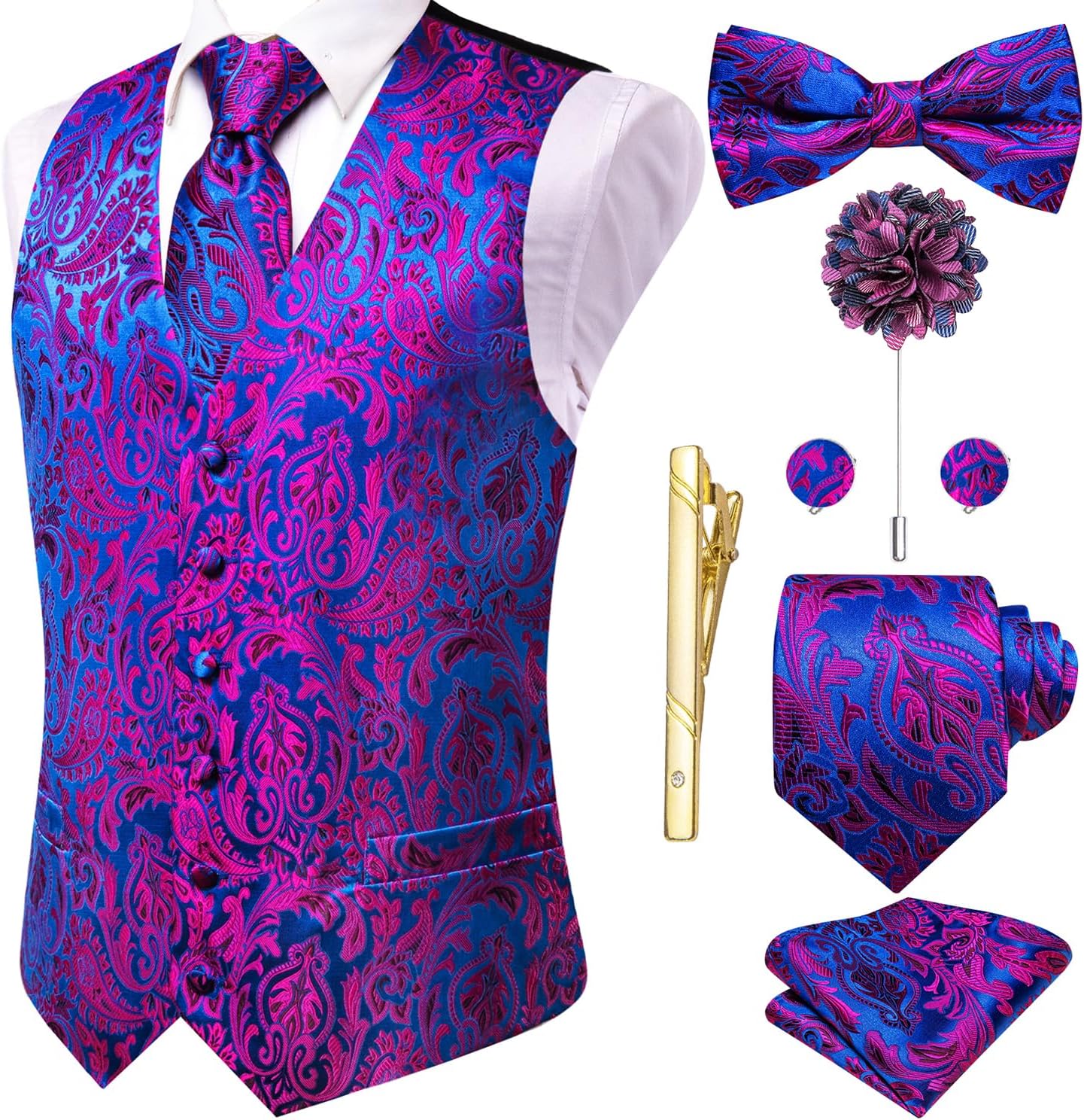 Hi-Tie Silk Mens Suit Vest Set with Tie and Bowtie for Weddings