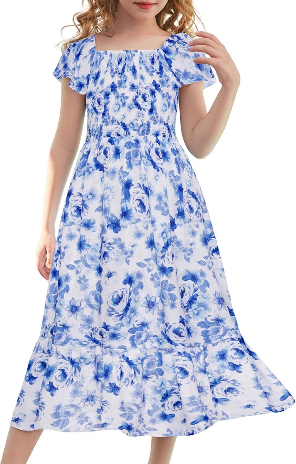Floral Dress for Girls with Flutter Sleeves and Tiered Skirt