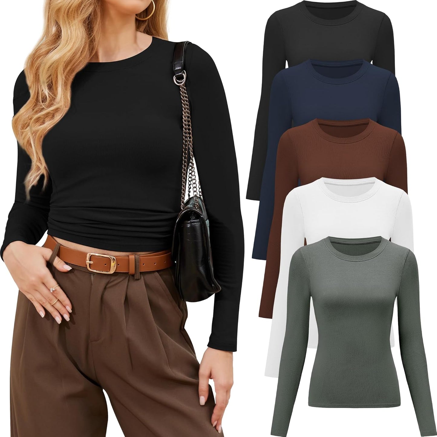 Womens Long Sleeve Shirts Crew Neck Basic Tees for Casual Wear