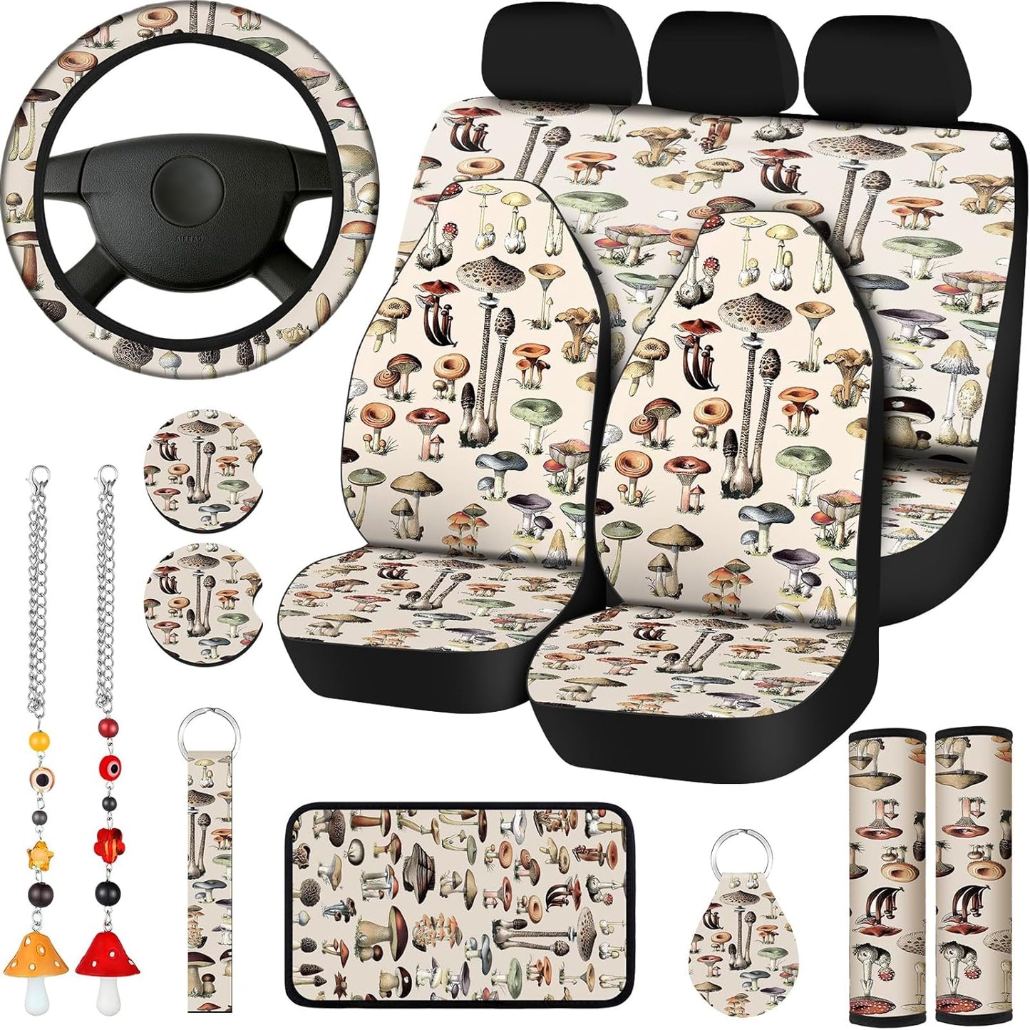 17 Pcs Retro Mushroom Car Seat Covers Full Set for Stylish Cars
