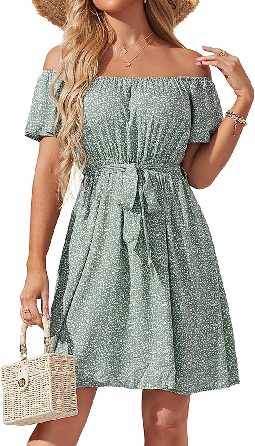 Womens Off Shoulder Ruffle Floral Summer Wedding Guest Dress