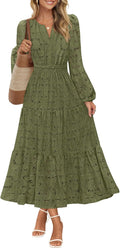 Women's Fall Lace Eyelet Maxi Dress with Pockets - Boho Wedding Guest