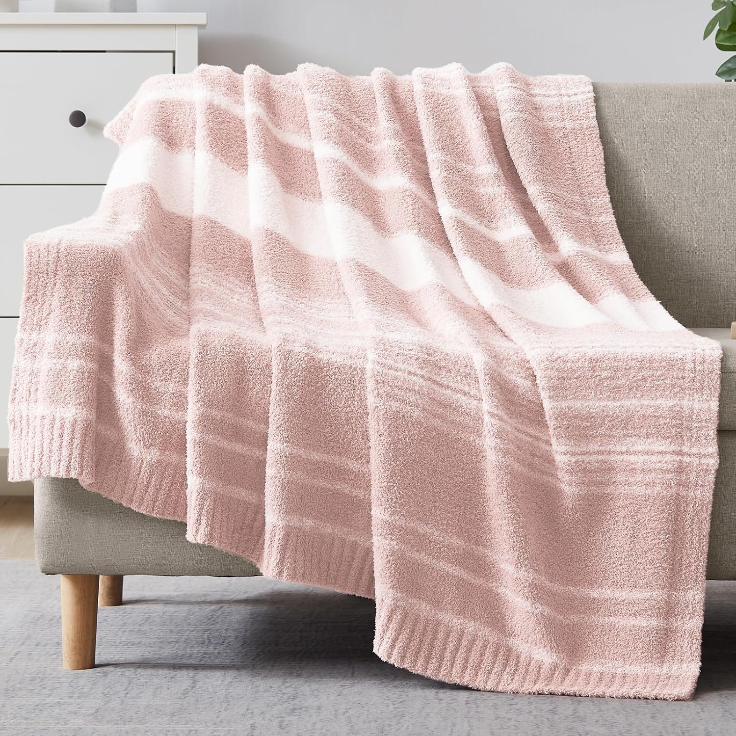 WRENGONGE Pink Throw Blanket - Cozy Striped Soft Blanket