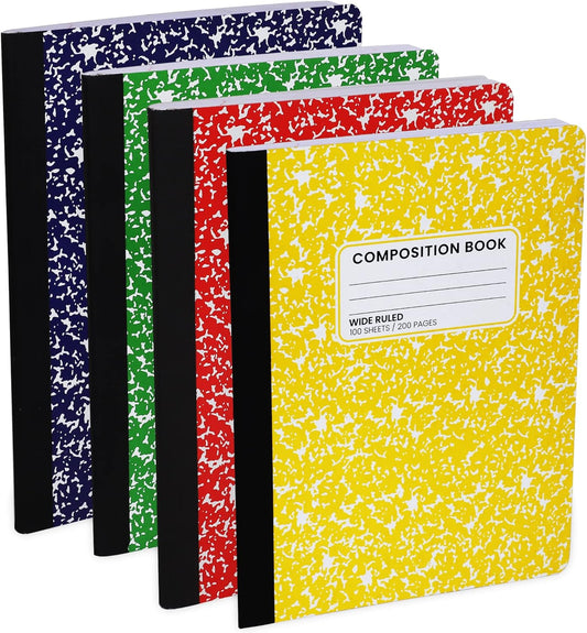 Durable Wide Ruled Notebook - 100 Sheets, Sewn Binding, Marble Cover, Assorted Colors - Boost Productivity!