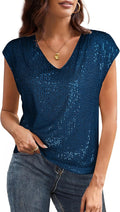V Neck Sequin Short Sleeve Top for Women - Sparkly Party Tank Tanks