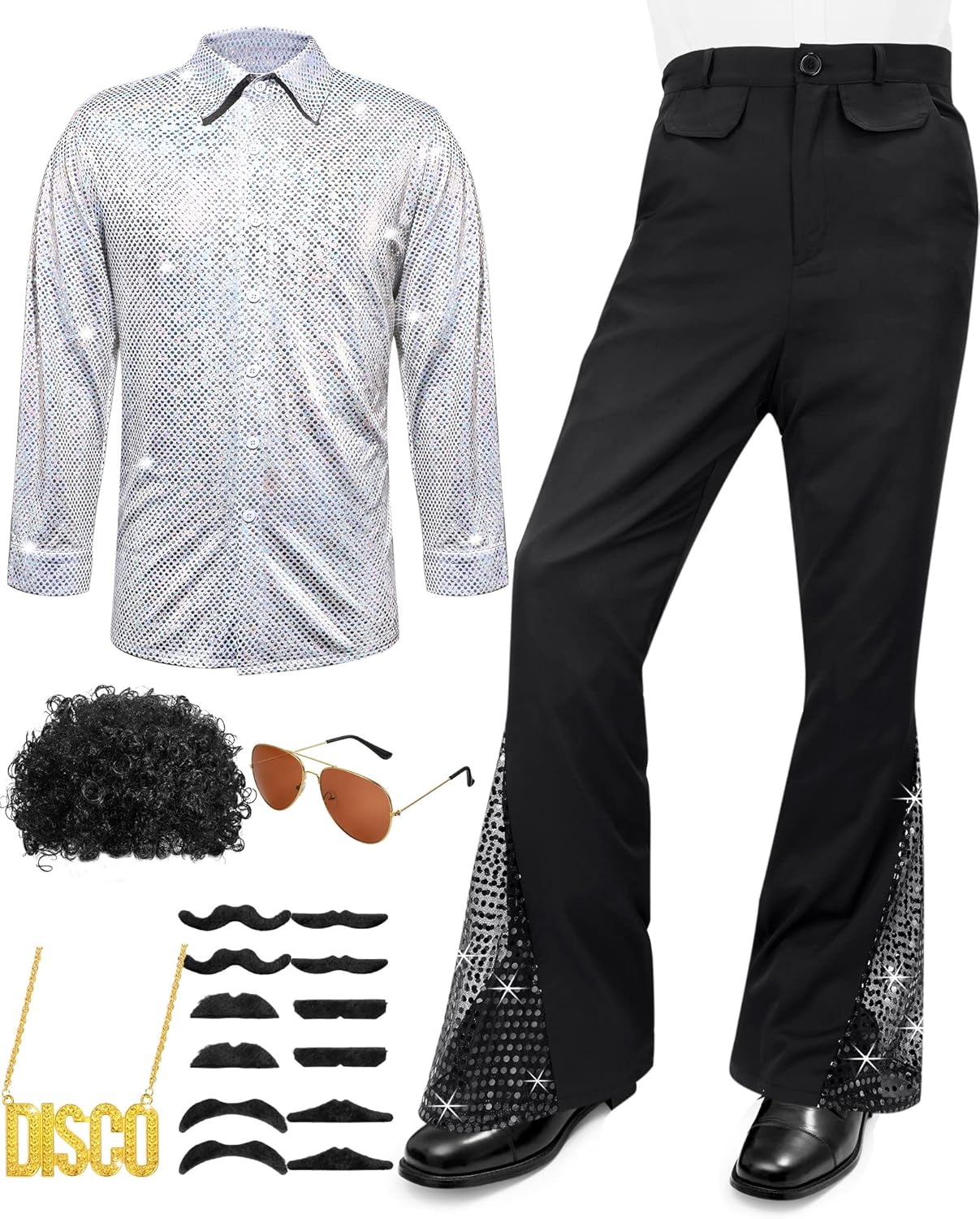 6 Pcs Mens 70s Disco Outfits Retro Halloween Costume Set