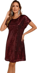 Women's Crewneck Sequin Shift Dress Short Sleeve - Casual Holiday