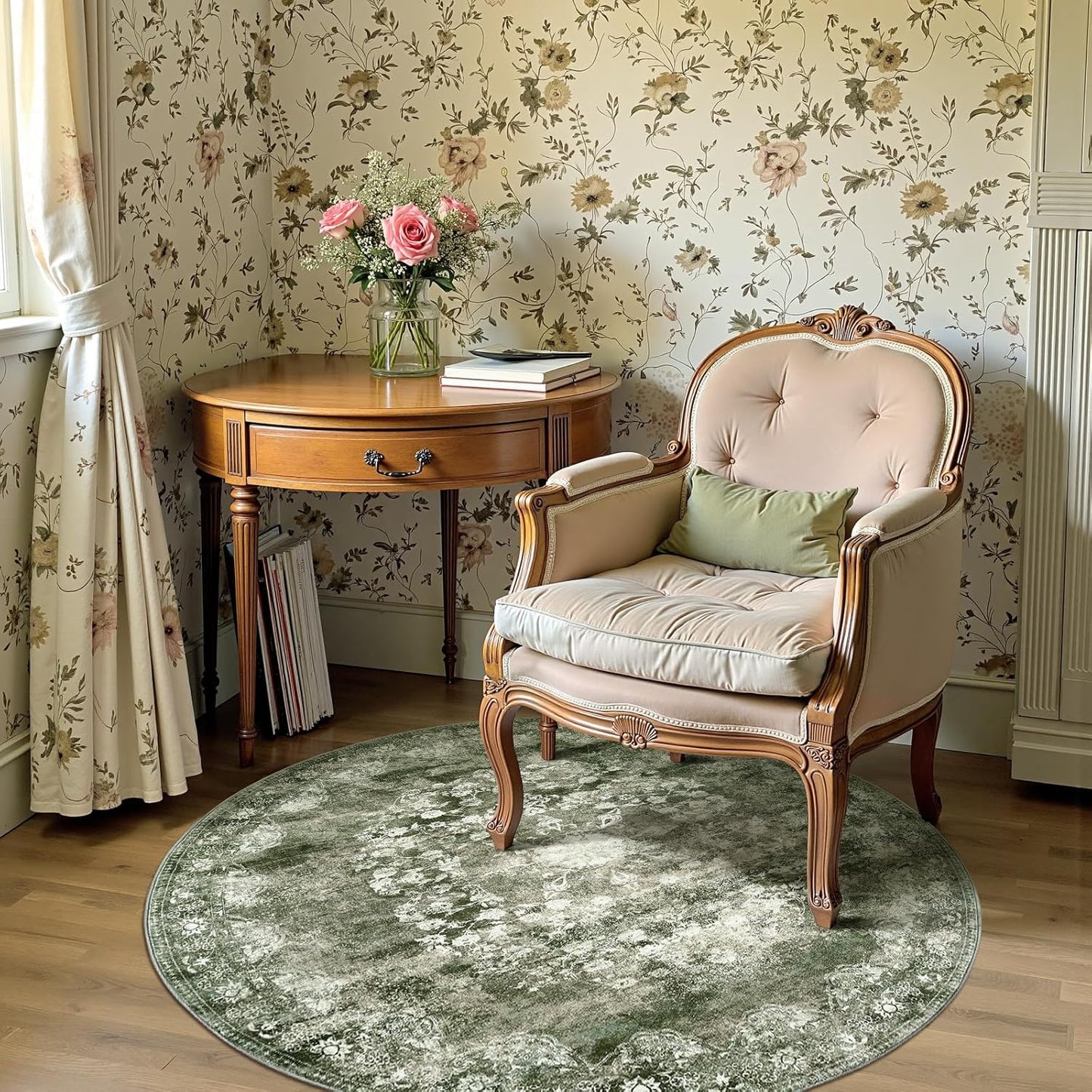 jinchan Round Rug 4ft Area Rug - Vintage Floral Print Carpet
