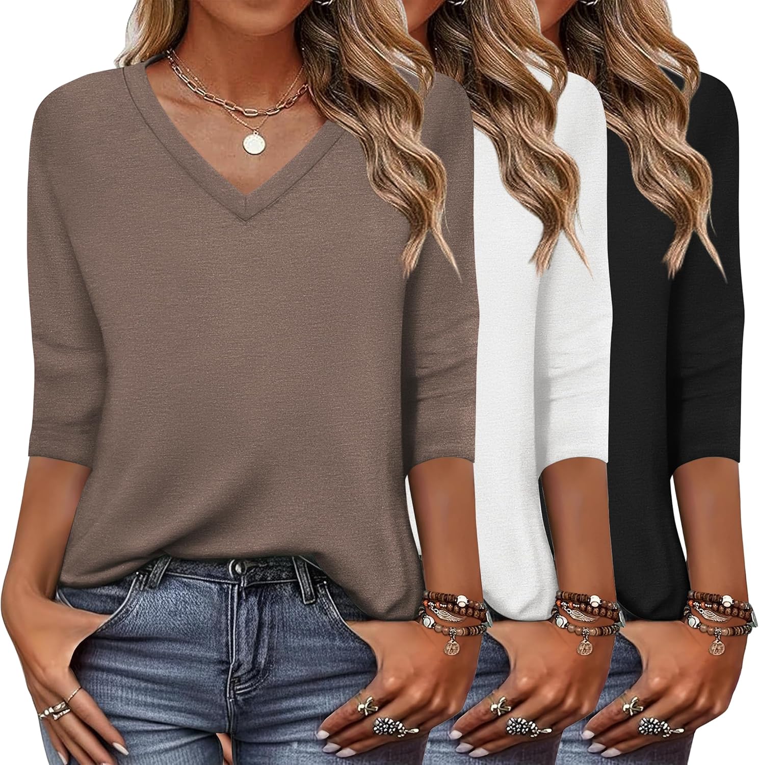 Zeagoo Women's 3 Pack V Neck 3/4 Sleeve Casual T Shirts