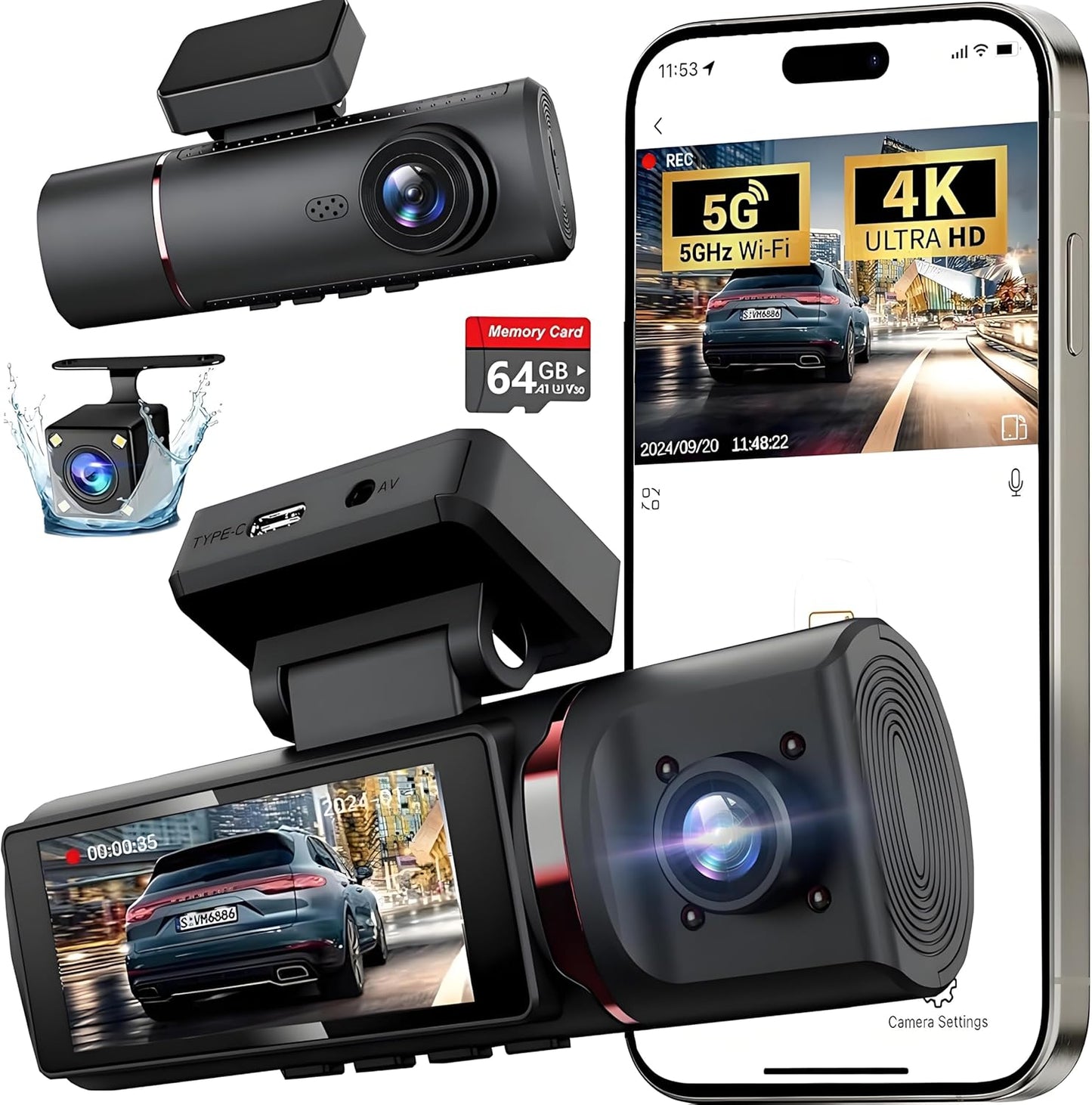 3 Channel 4K Dash Cam with Built-in 5G WiFi for All Angles