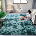 Fluffy Peacock Blue Rug 6x9 - Soft Plush Shaggy Tie-Dyed Teal Blue