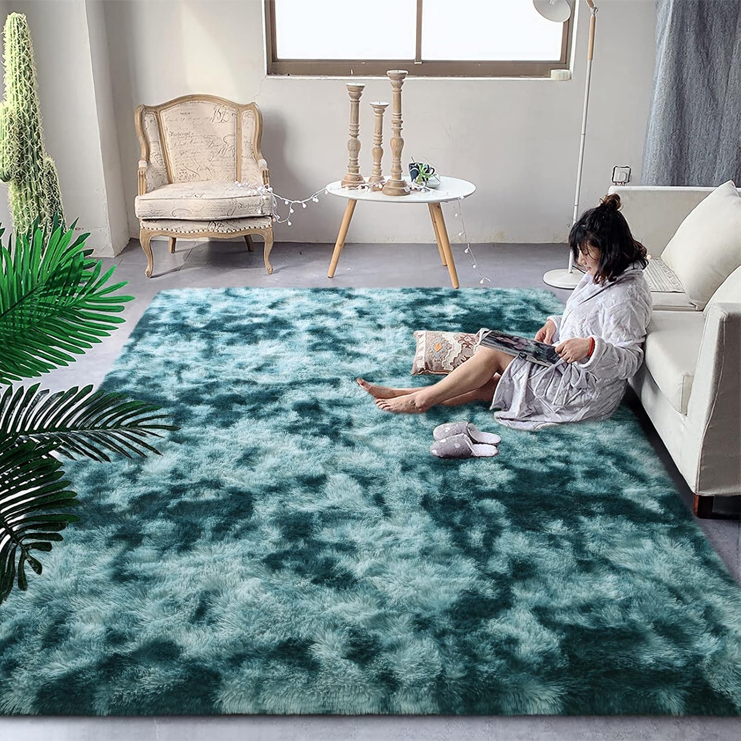 DweIke Fluffy Peacock Blue Rugs for Bedroom and Living Room