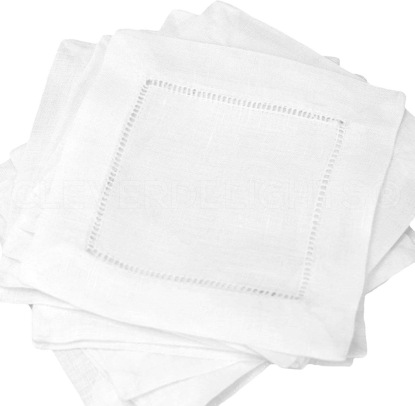 CleverDelights 6 White Linen Cocktail Napkins - 12 Pack - Elegant Hemstitch Detail 