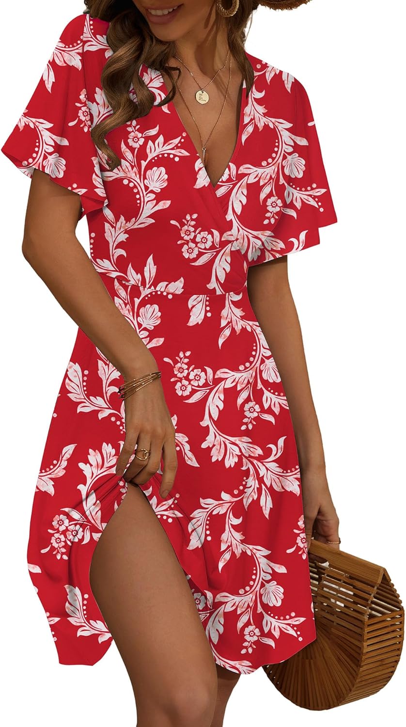 FENSACE Womens Sundress Summer Floral Short Sleeve Wrap Dress