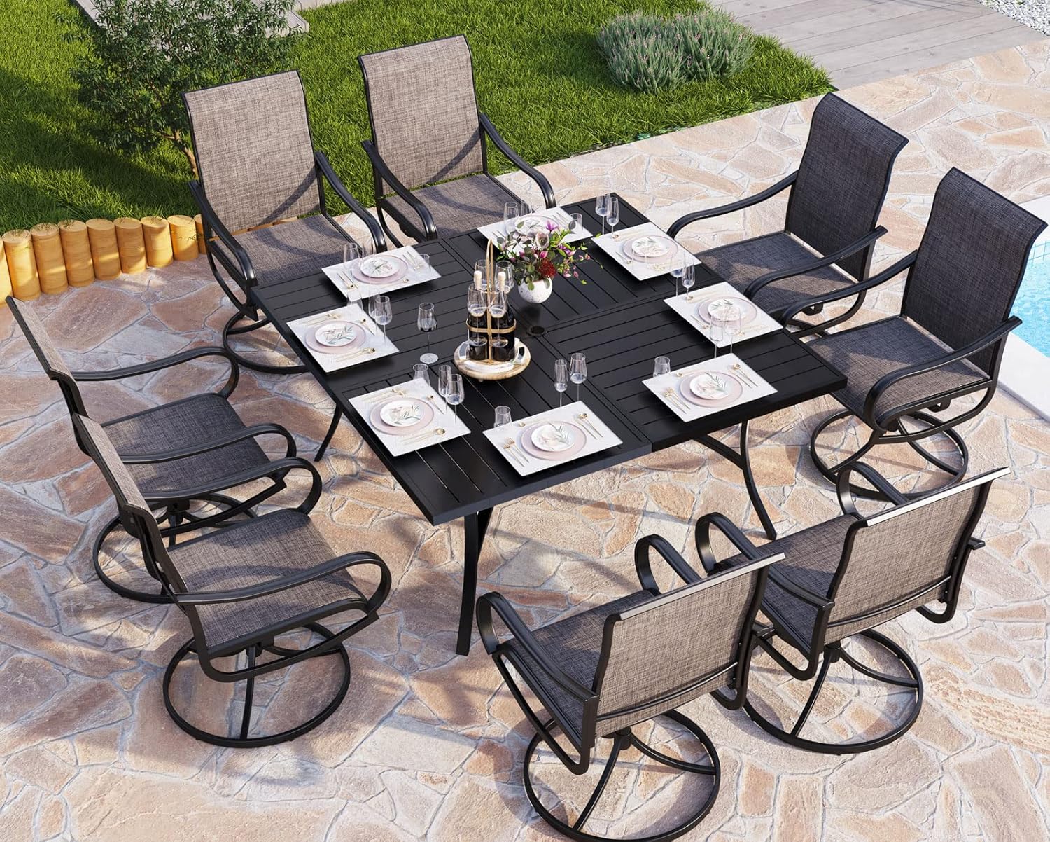 PHI VILLA 9 Pcs Patio Dining Set with Large Square Table