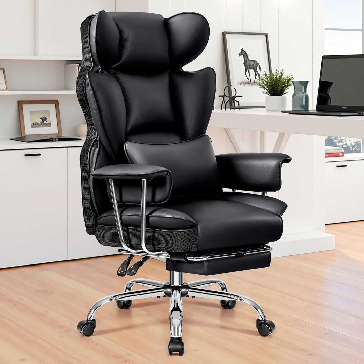 Executive Leather Desk Chair with Footrest - Ergonomic & Adjustable