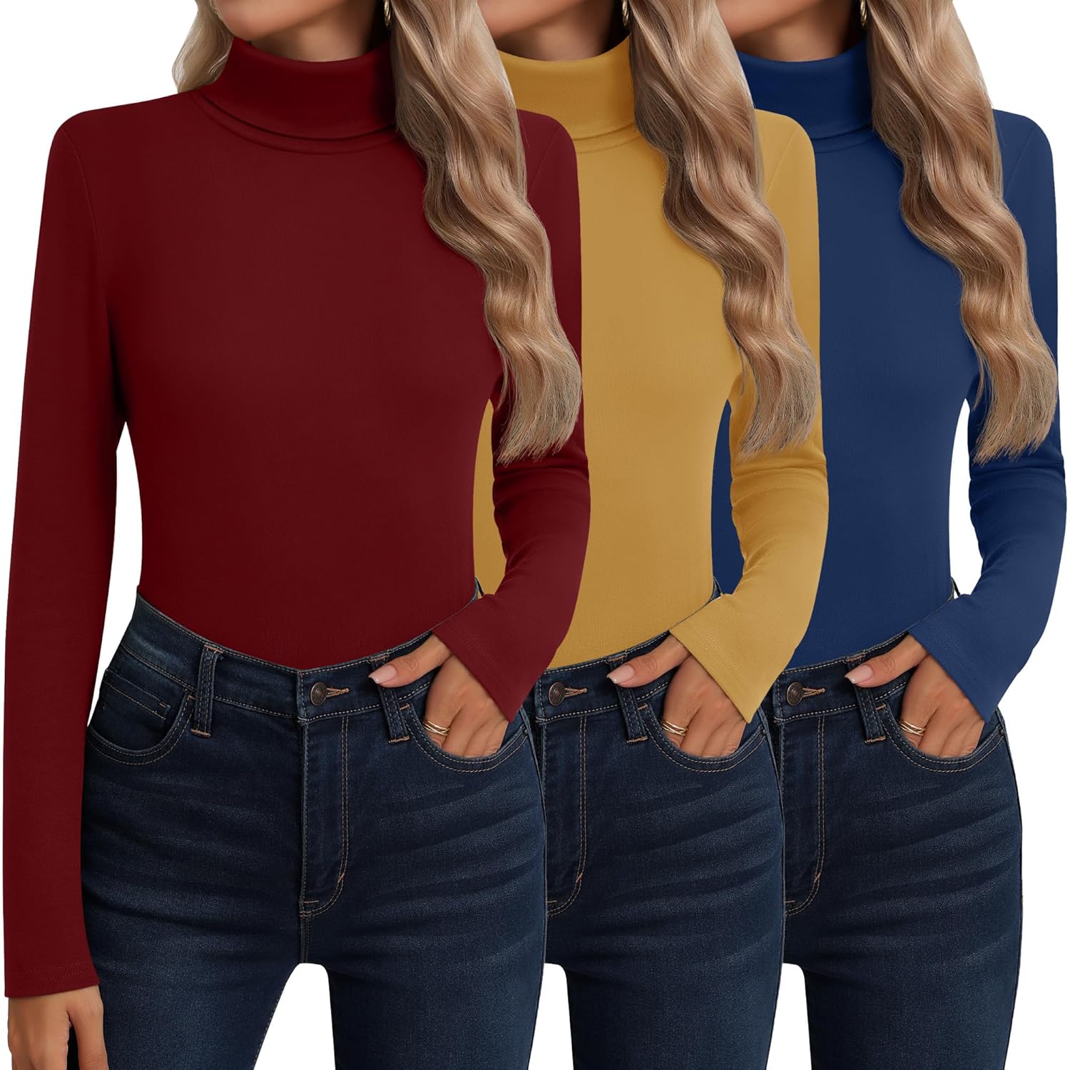 Neer 3 Pack Cotton Women's Turtleneck Long Sleeve Tops
