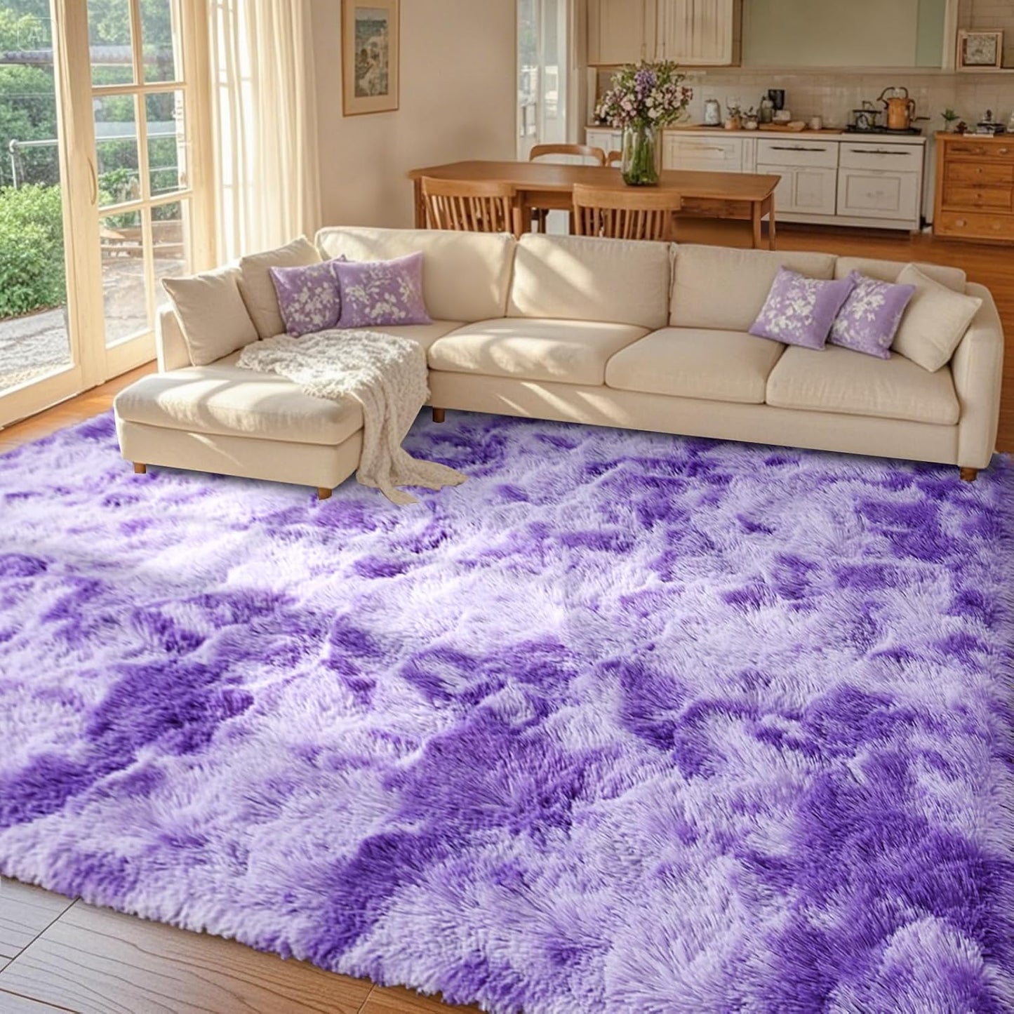 8x10 Purple White Rug Fluffy Living Room Rugs for Girls