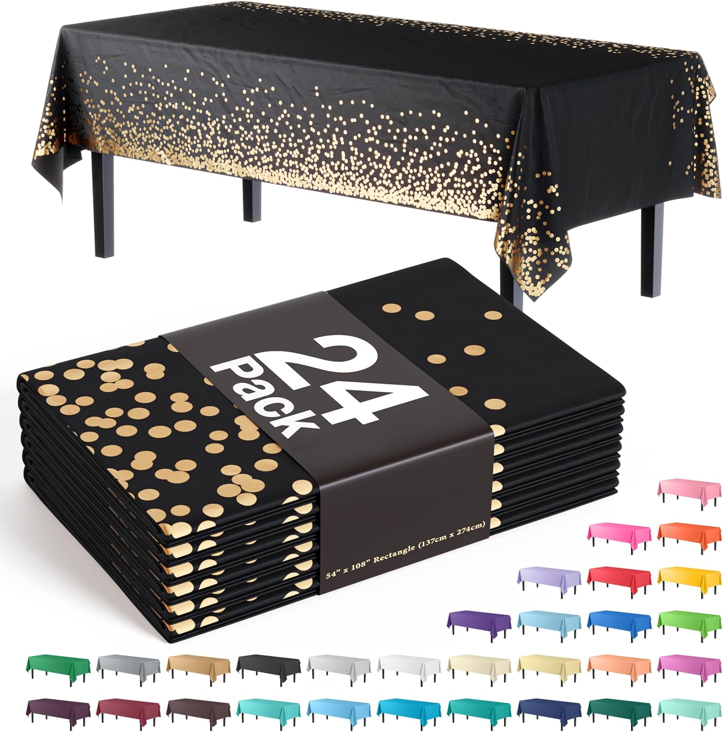 Party Solids Black & Gold Dot Rectangular Tablecloths for Events
