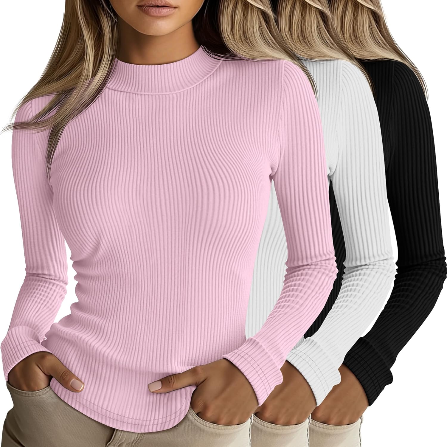 Riyiper Women's Ribbed Mock Turtleneck Long Sleeve Tops 3 Pack