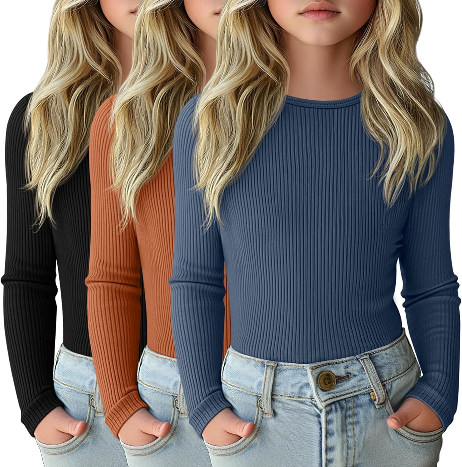 LessonZoo 3 Pack Girls Long Sleeve Shirts for Comfort