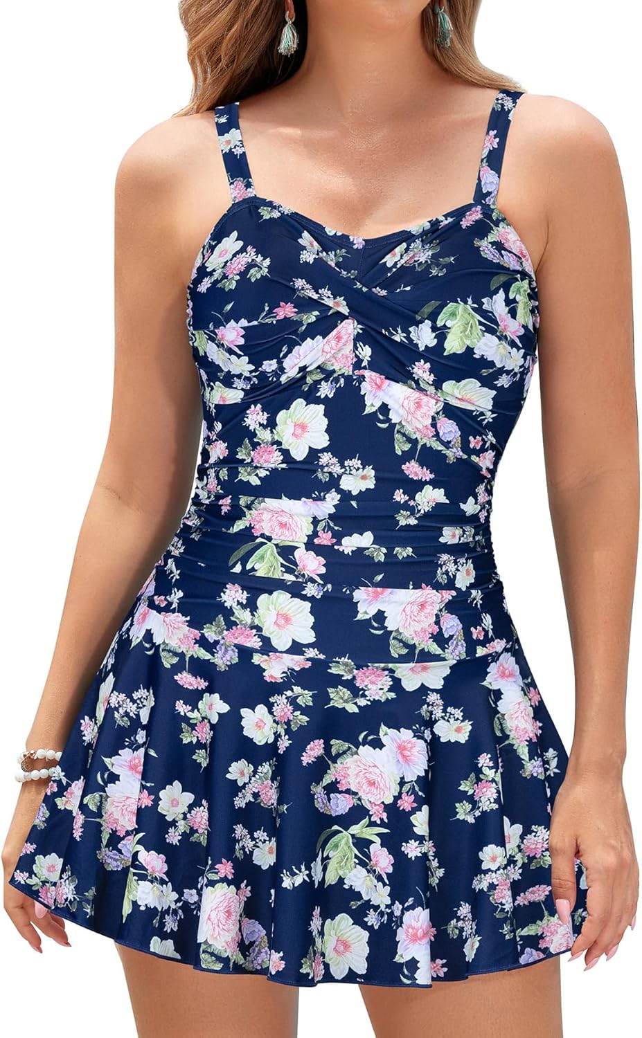 SHEKINI Women's Crossover Ruched Skirt One Piece Swimdress
