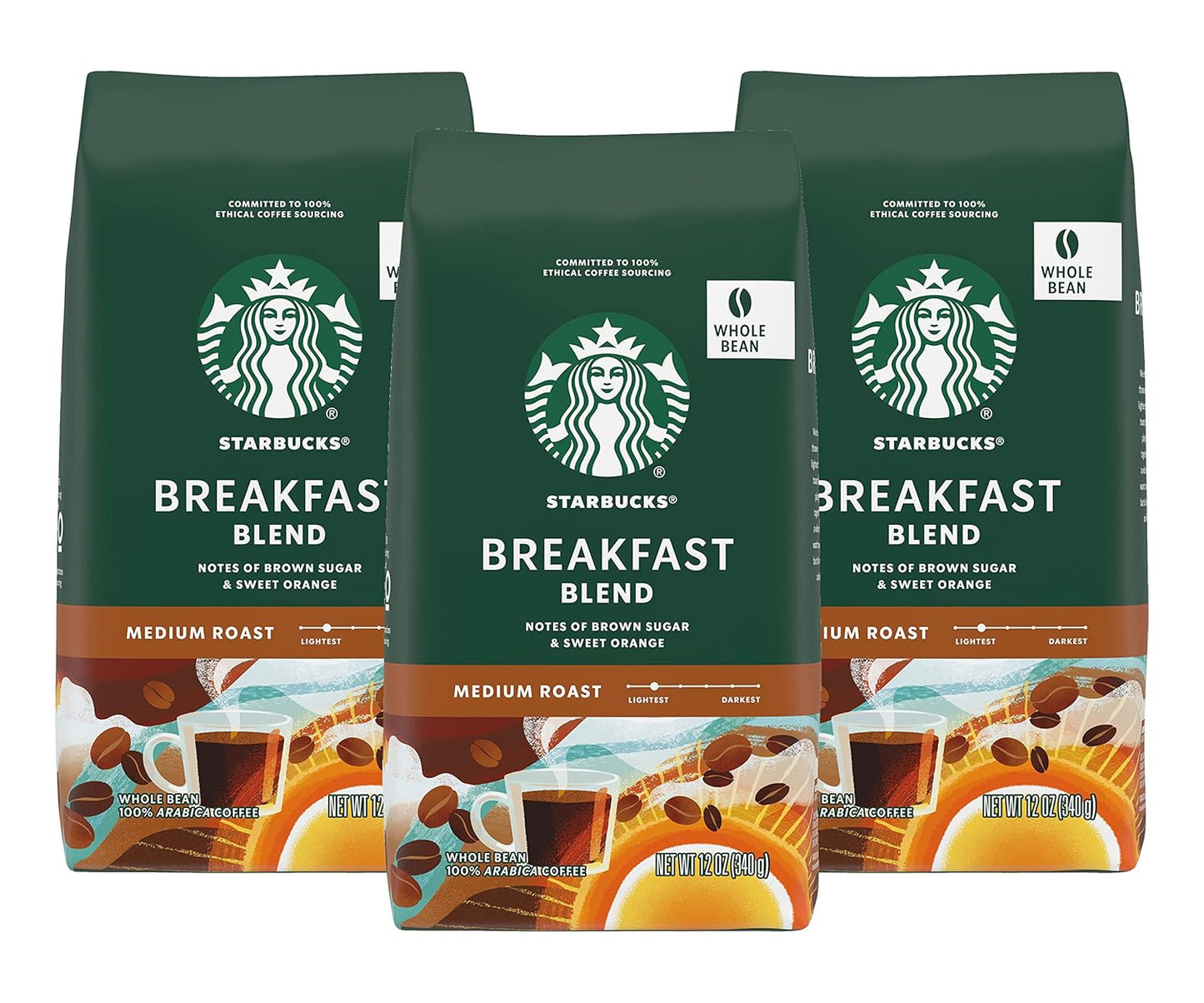 Starbucks Breakfast Blend Coffee Whole Bean Pack of 3 Bags