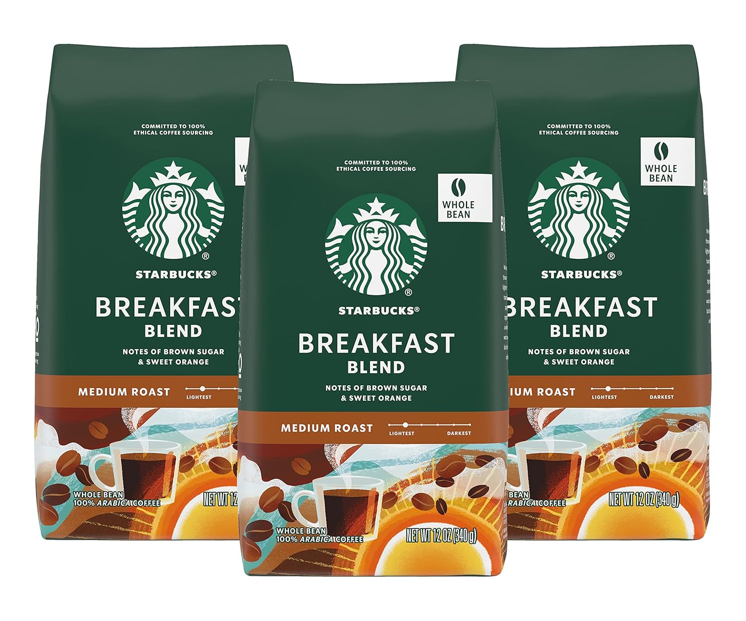 Starbucks Breakfast Blend Coffee Whole Bean Pack of 3 Bags