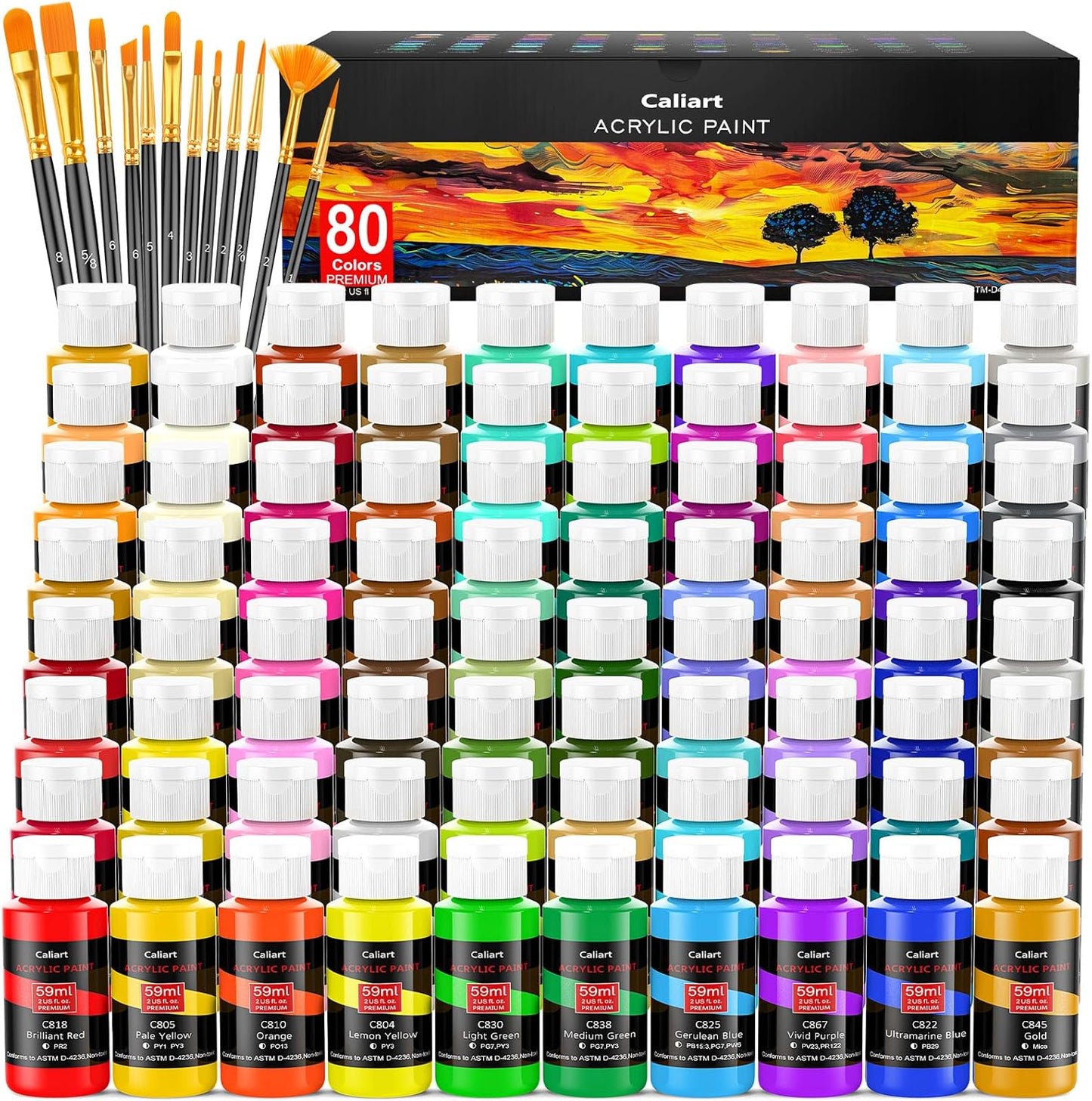 Caliart Acrylic Paint Set with 80 Colors and 12 Brushes