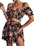 Women's 2 Piece Floral Off Shoulder Tie Up Crop Top and Mini Skirt Set