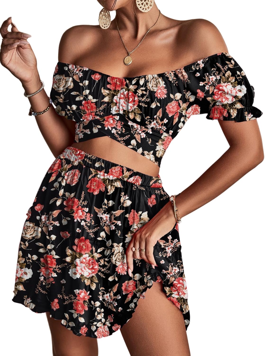 LYANER Women's Floral Off Shoulder Crop Top and Mini Skirt Set