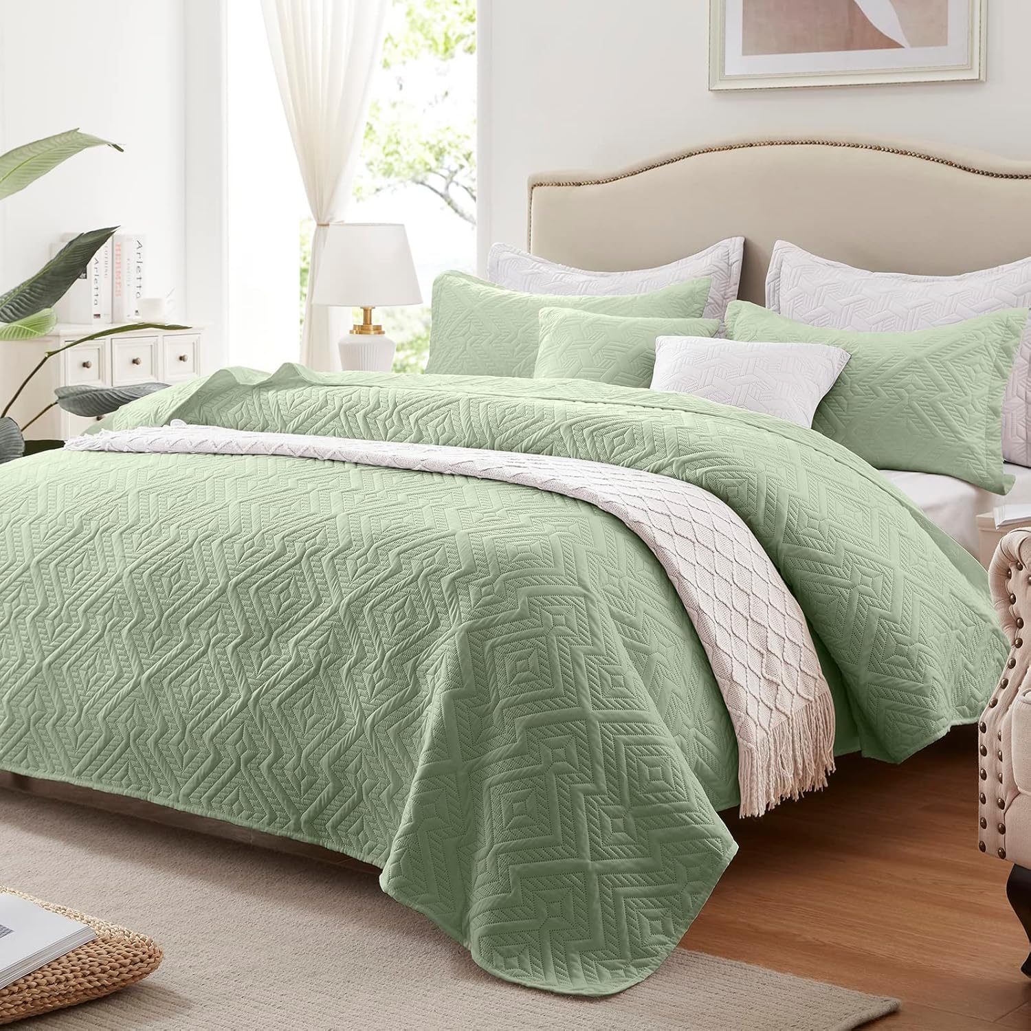 LEAONME King Size Quilt Set - Lightweight Sage Green Bedspread
