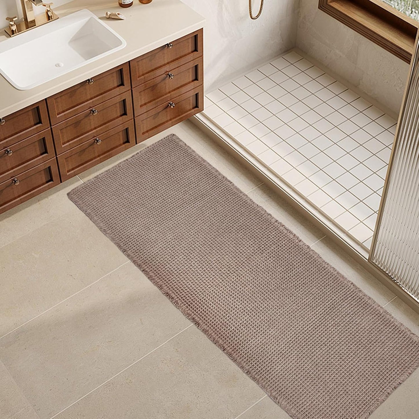 ZALL Tan Waffle Bath Mat - Super Absorbent Non Slip Runner Rug