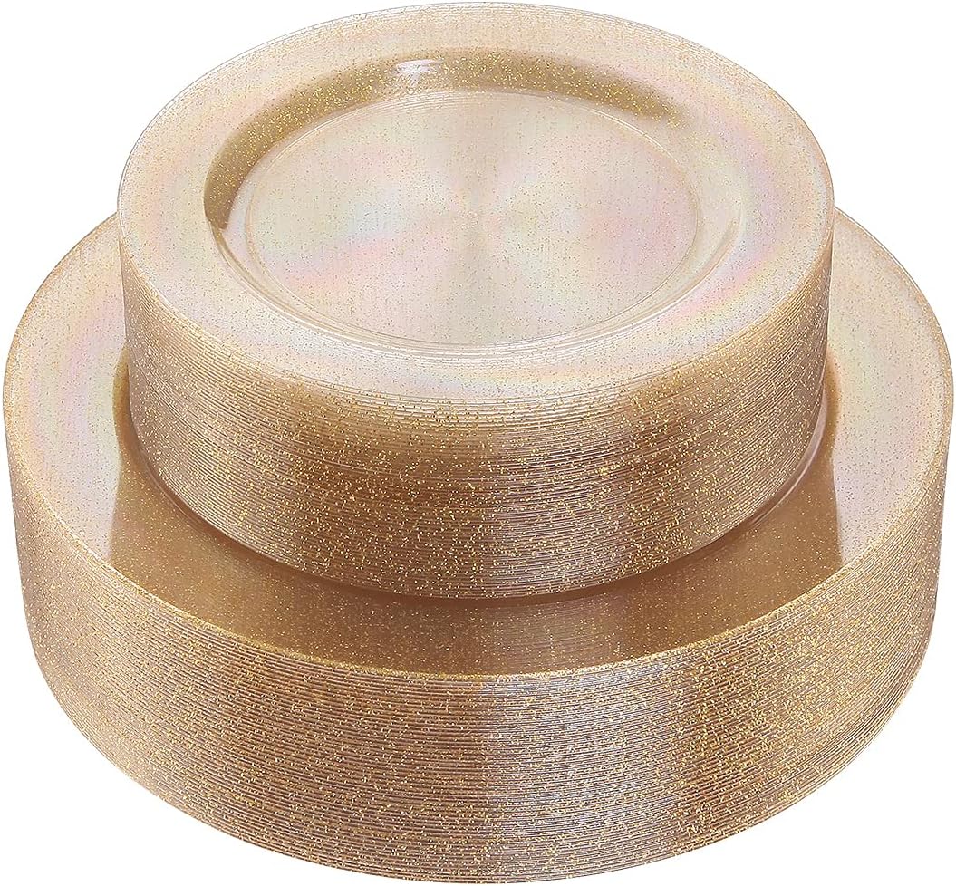 102PCS Gold Glitter Plastic Plates for Parties and Weddings