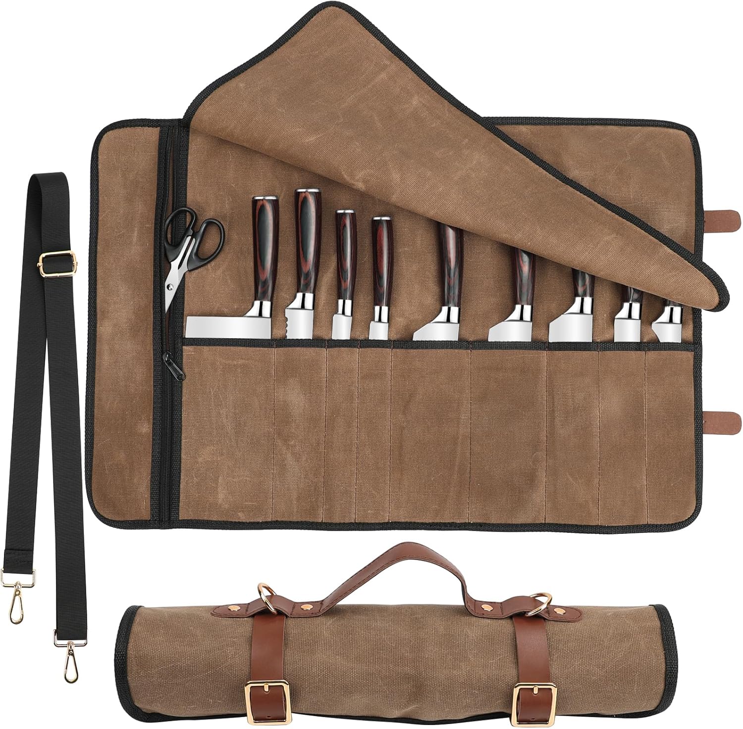 Knife Roll with PU Leather Straps and Metal Buckles for Chefs