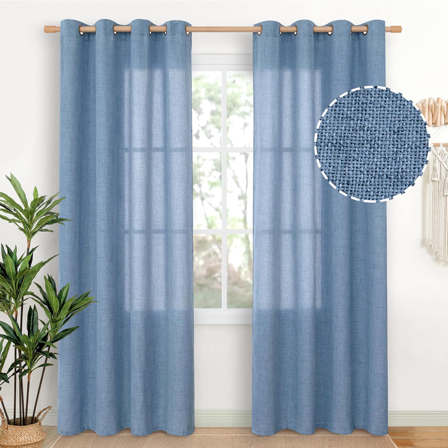 YoungsTex Denim Blue Linen Curtains for Living Room 84 Inches