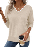 Womens V Neck Sweater Pullover Cozy Lightweight Long Sleeve - Fall