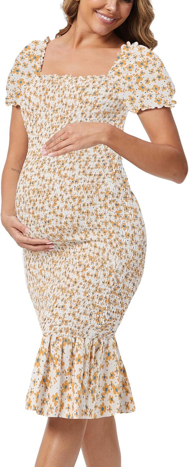 Spring Long Puff Sleeve Maternity Dress for Baby Showers