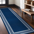 Modern Bordered Non Slip Indoor Runner Rug 2 x 7 - Easy Care Navy