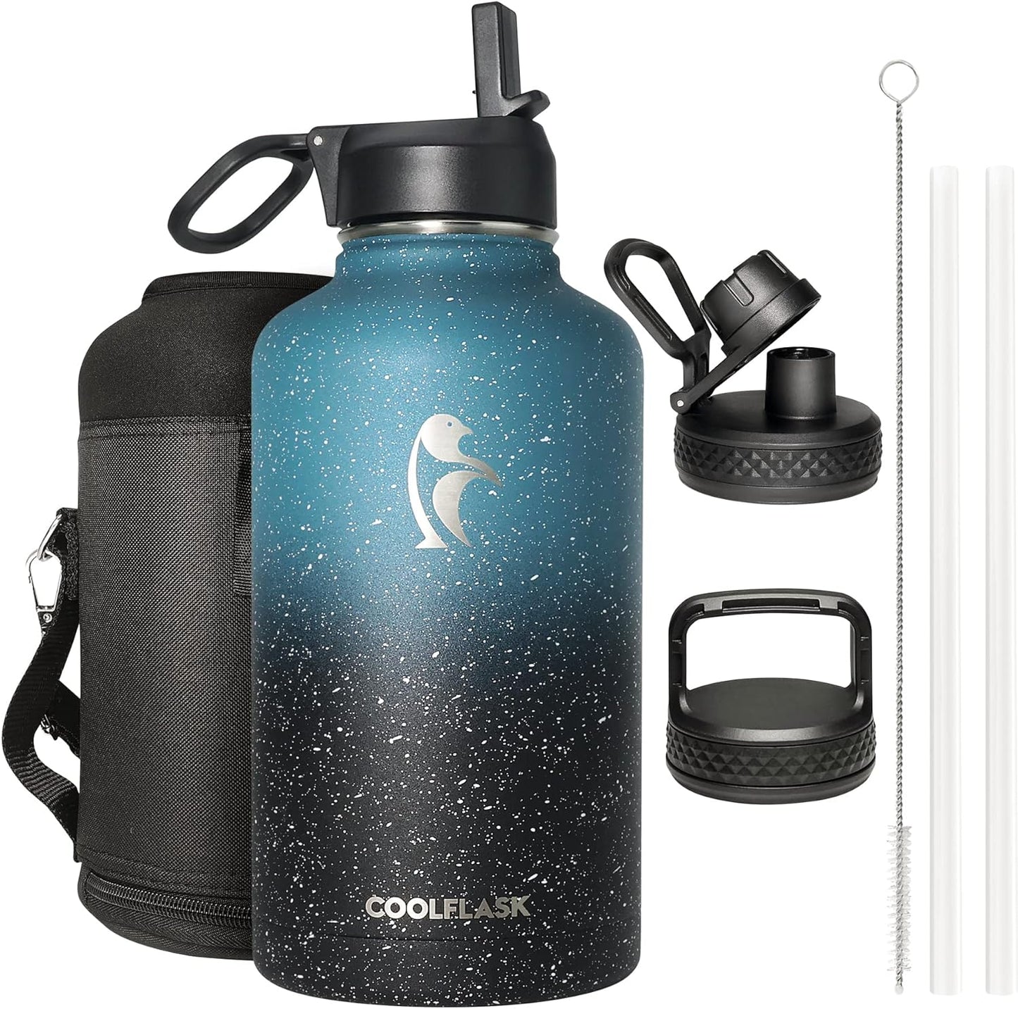 Coolflask 64 oz Insulated Water Bottle with 3 Lids for Hydration