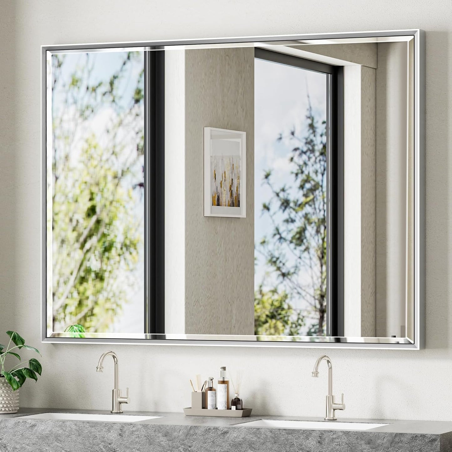 48 x 36 Large Beveled Silver Bathroom Mirror for Stylish Decor