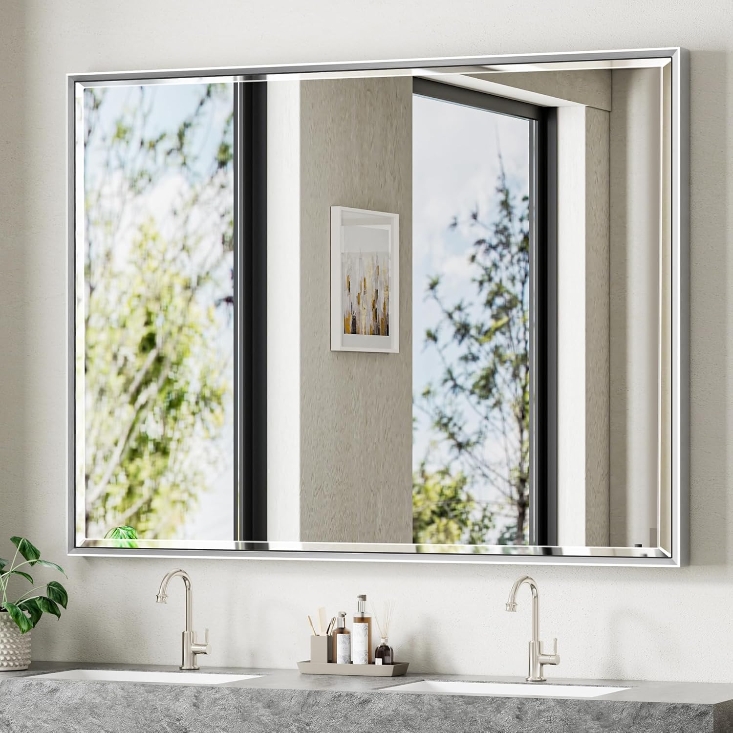 48 x 36 Large Beveled Silver Bathroom Mirror for Stylish Decor