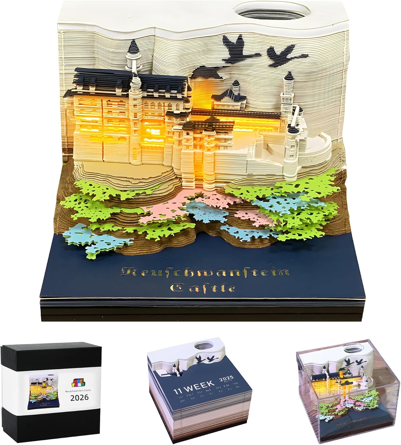 3D Art Calendar 2026 Memo Pad with Swan Stone Castle Design