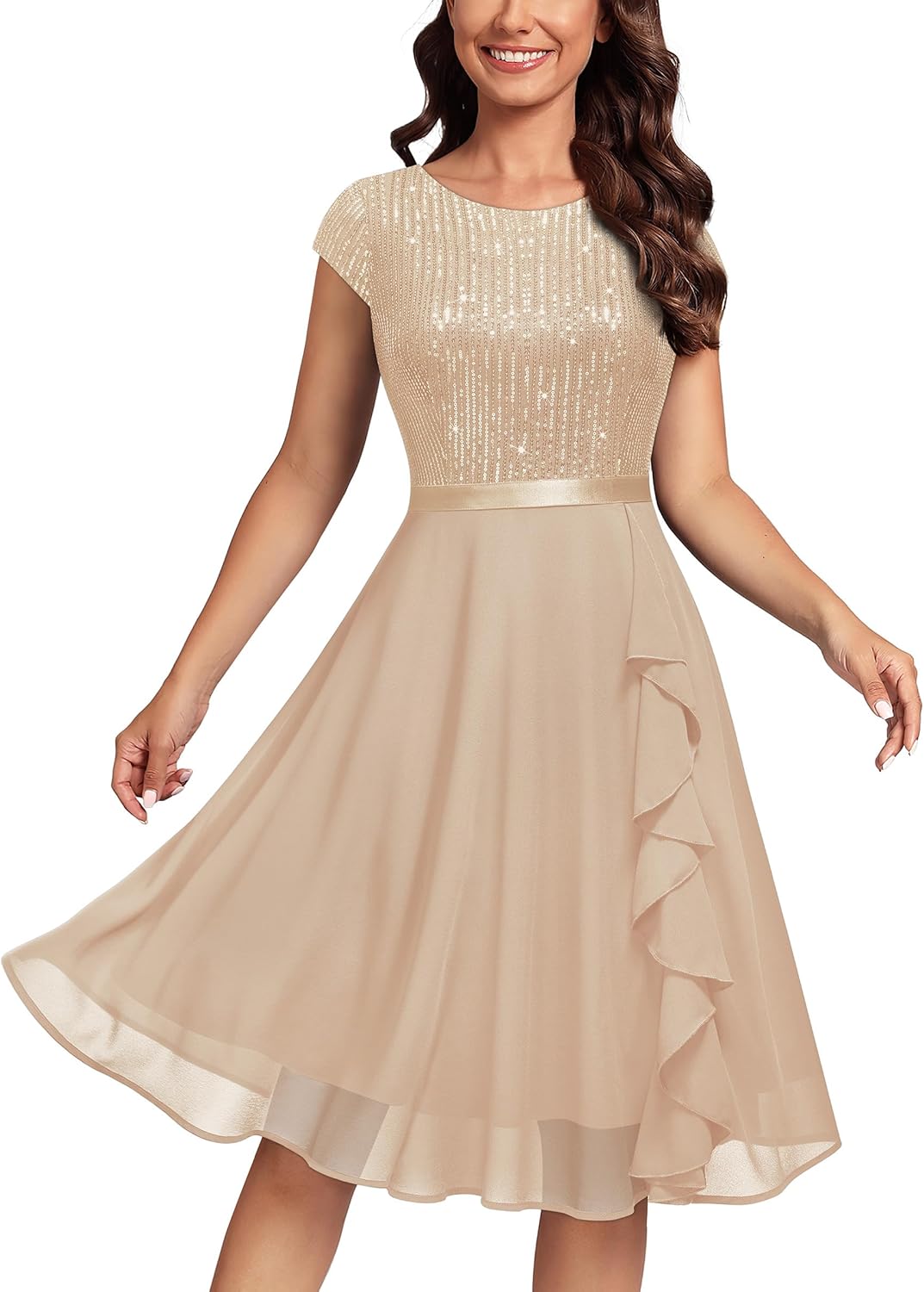 Elegant Glitter Sequin Ruffle Cocktail Dress for Women