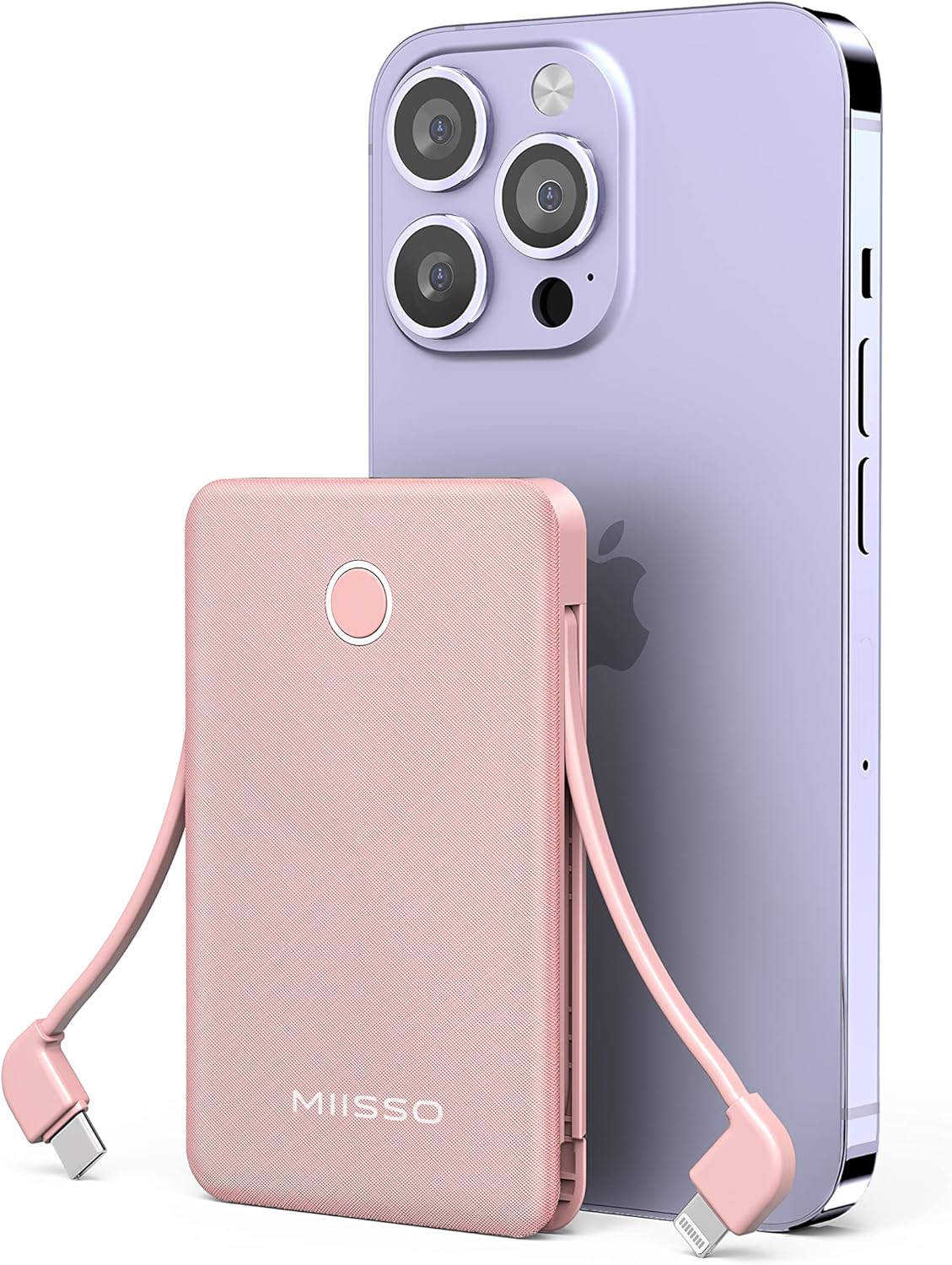 6000mAh Slim Power Bank with Built-in Cables - Pink