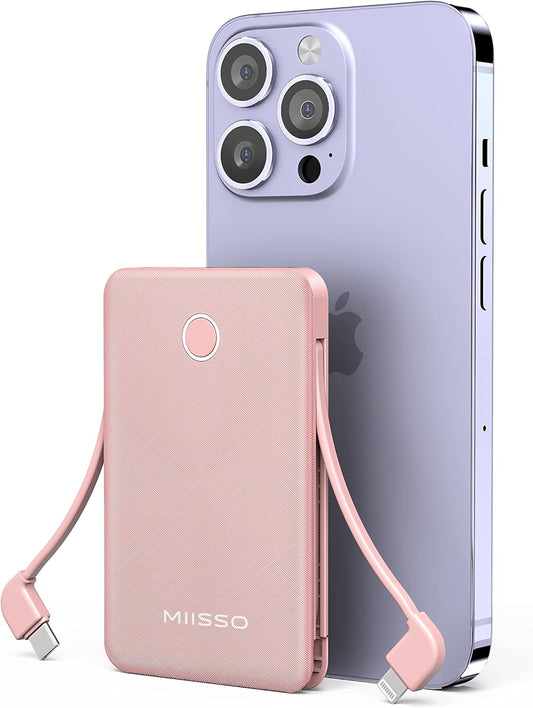 6000mAh Slim Power Bank with Built-in Cables - Pink
