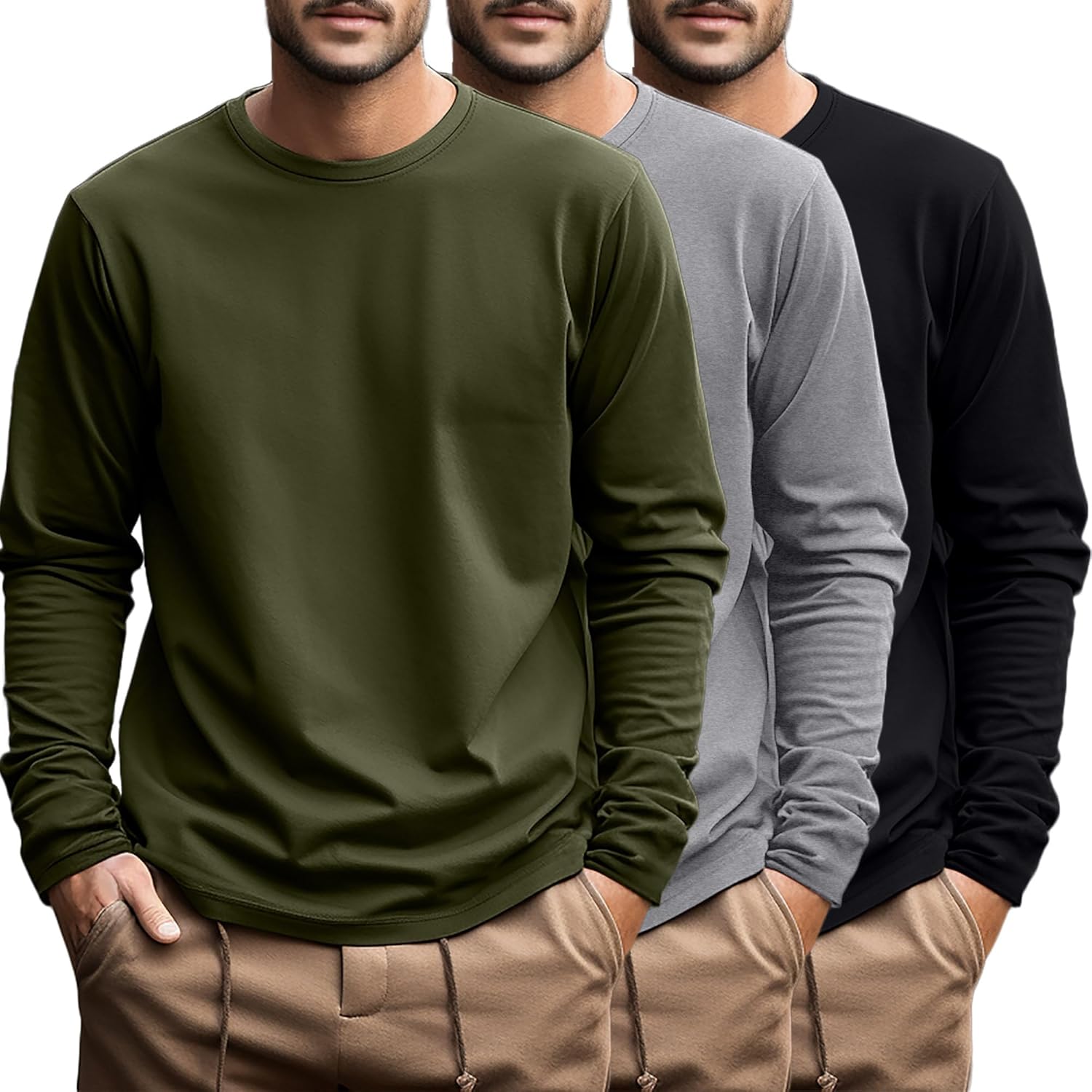 Ficerd Men's Big and Tall Long Sleeve Cotton Tee 3 Pack